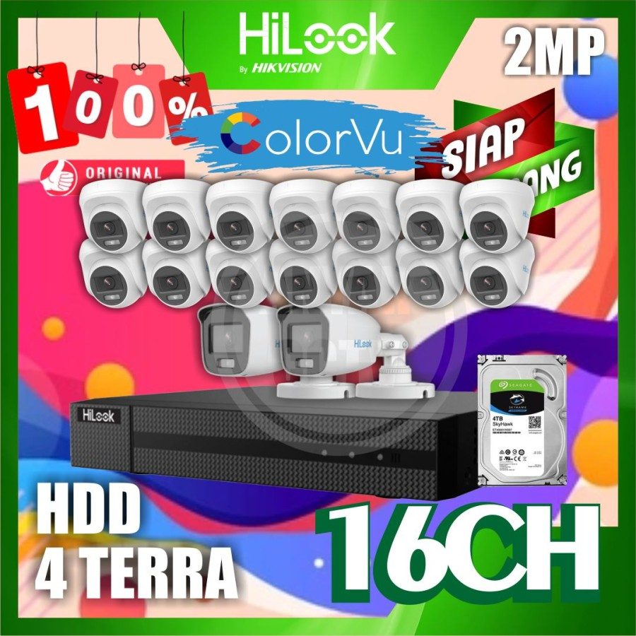 Paket CCTV HiLook 2MP COLORVU 16 KAMERA HDD 4TB SIAP PASANG