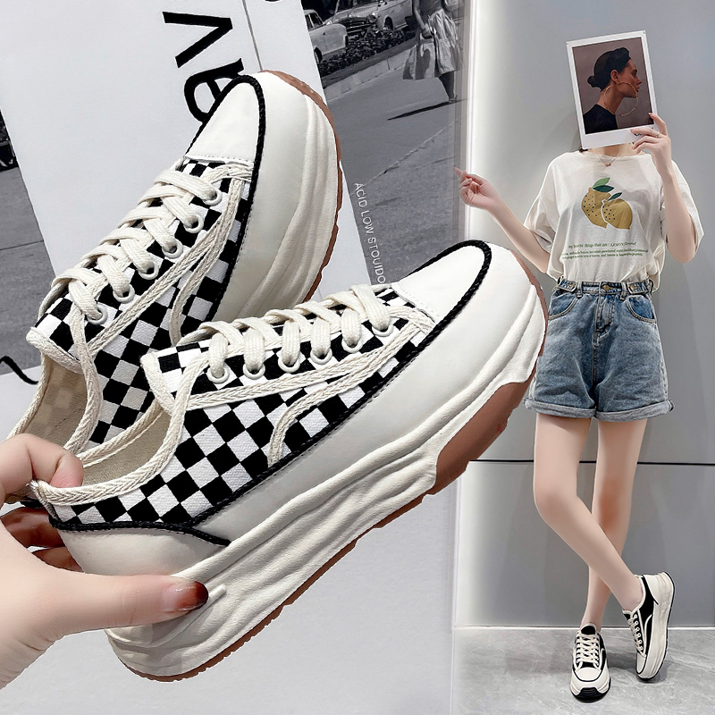 Sepatu Kets Sneakers Putih Wanita Perempuan Cewek Sekolah Korea Kasual Sepatu Olahraga Kanvas Checkerboard Sol Karet Tali Import Murah Casual Fashion White Beige Sport Shoes - Ukuran 35 36 37 38 39 40