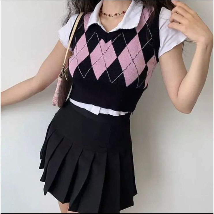 Queenbags89 baju outfit cewek baju atasan wanita baju Rajut Vest Rose