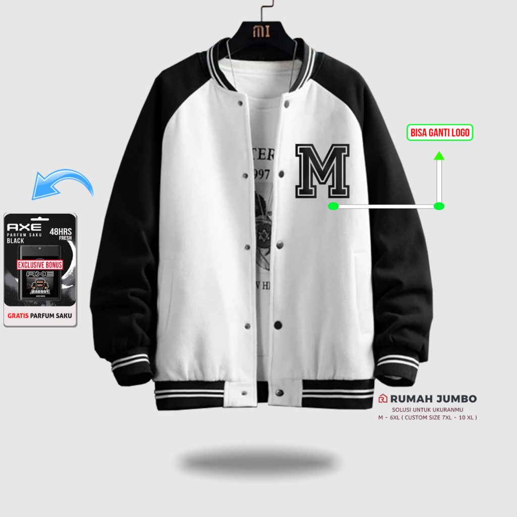 Jaket Bomber Varsity Baseball Latter M Oversize (M - 6XL) Jaket Custom WHITE BLACK