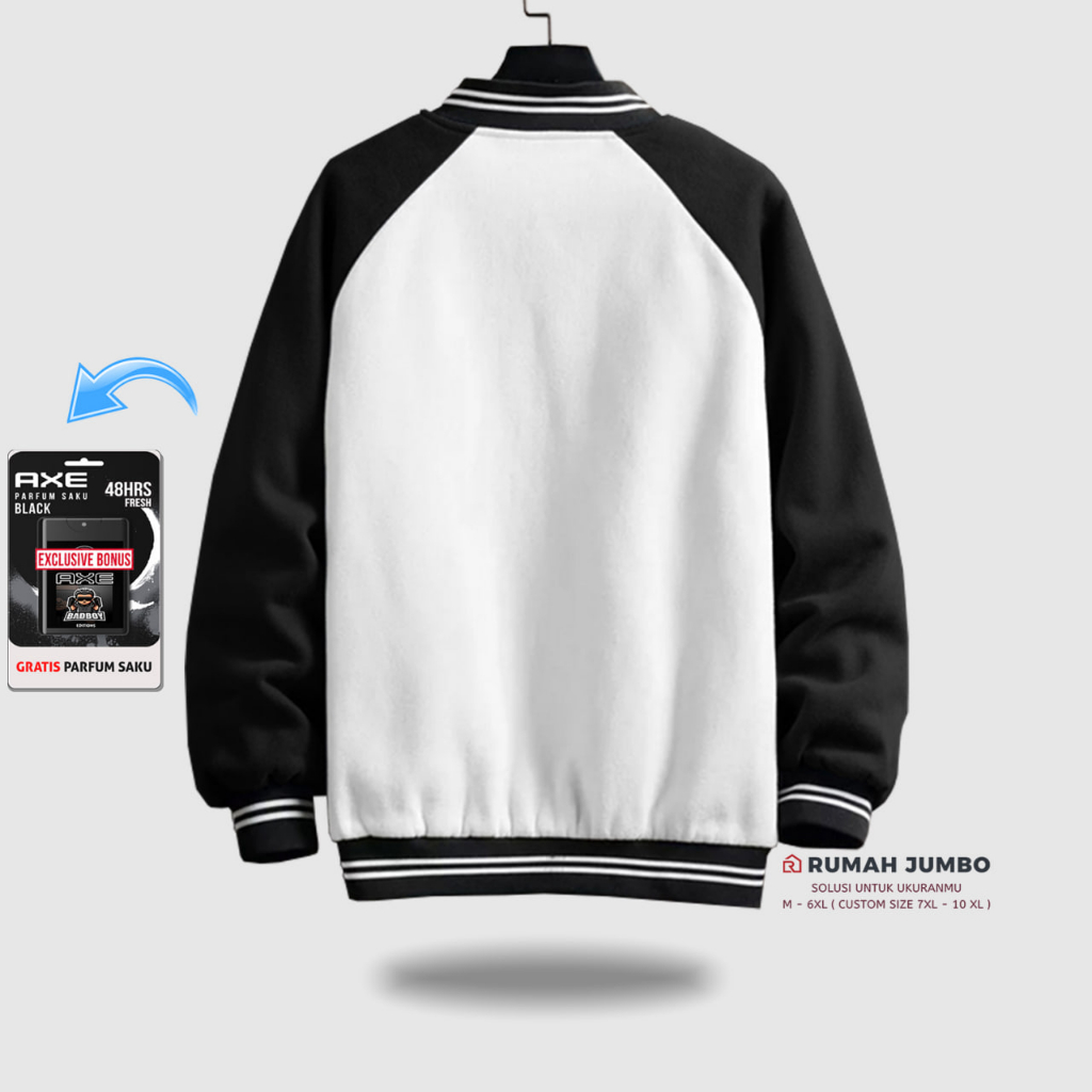 Jaket Bomber Varsity Baseball Latter M Oversize (M - 6XL) Jaket Custom WHITE BLACK