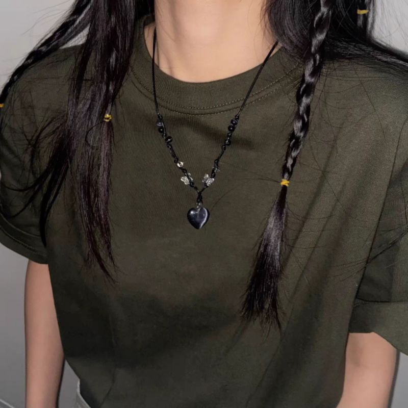 Kalung Hitam Black Necklce Cewe Mamba Kalung Tali Liontin Love