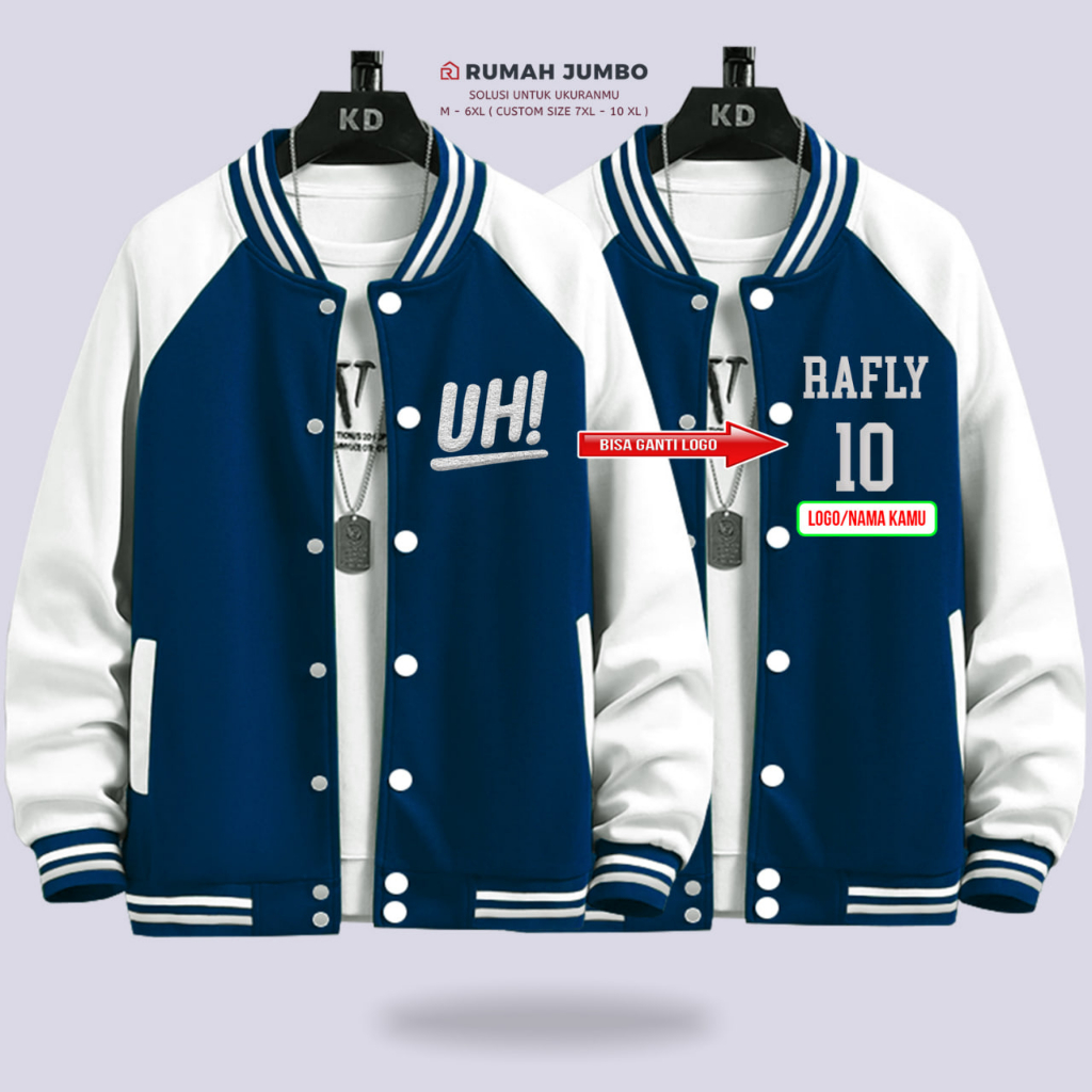 Jaket Bomber Varsity Oversize (M - 6XL) Baseball Custom UH NAVI WHITE