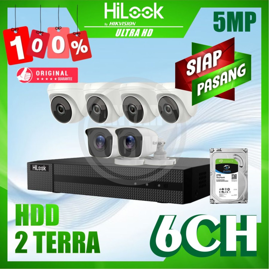 Paket CCTV HiLook by Hikvision 5MP 6 Kamera HDD 2TB Siap Pasang