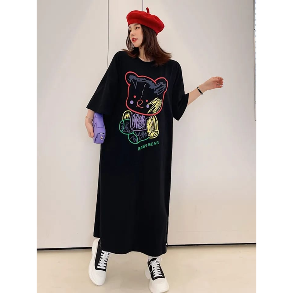 MYSTIQUE.ID-BAJU KAOS LONG DRESS ZANE BABY BEAR  CORET ABSTRAK LUCU KEREN DAN AESTETIC