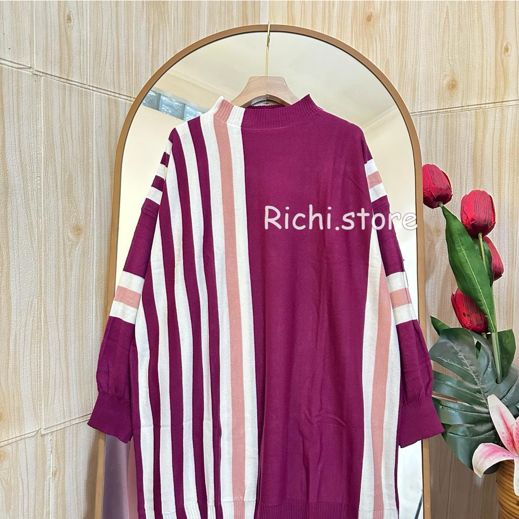 Zaneta Blouse Rajut Wanita Batwing Motif Garis Terbaru