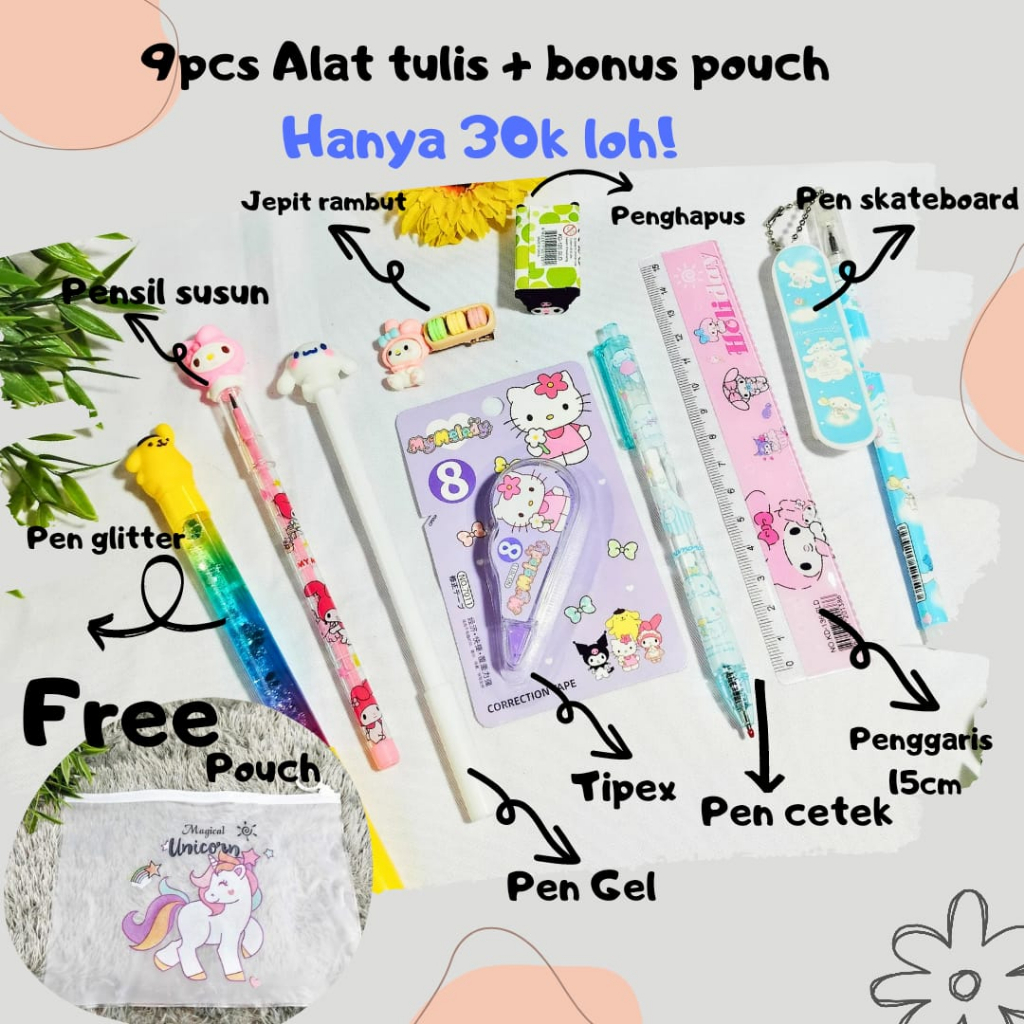 Paket Alat Tulis SANRIO 30RB Super Lengkap isi 9 Alat Tulis+Free Pouch / Bundle Paket Hemat Atk Sanrio Kuromi Cinnamoroll [4 Pulpen + Pensil Susun+ Penghapus + Jepit rambut + penggaris + tipex] bisa Grosir dan COD