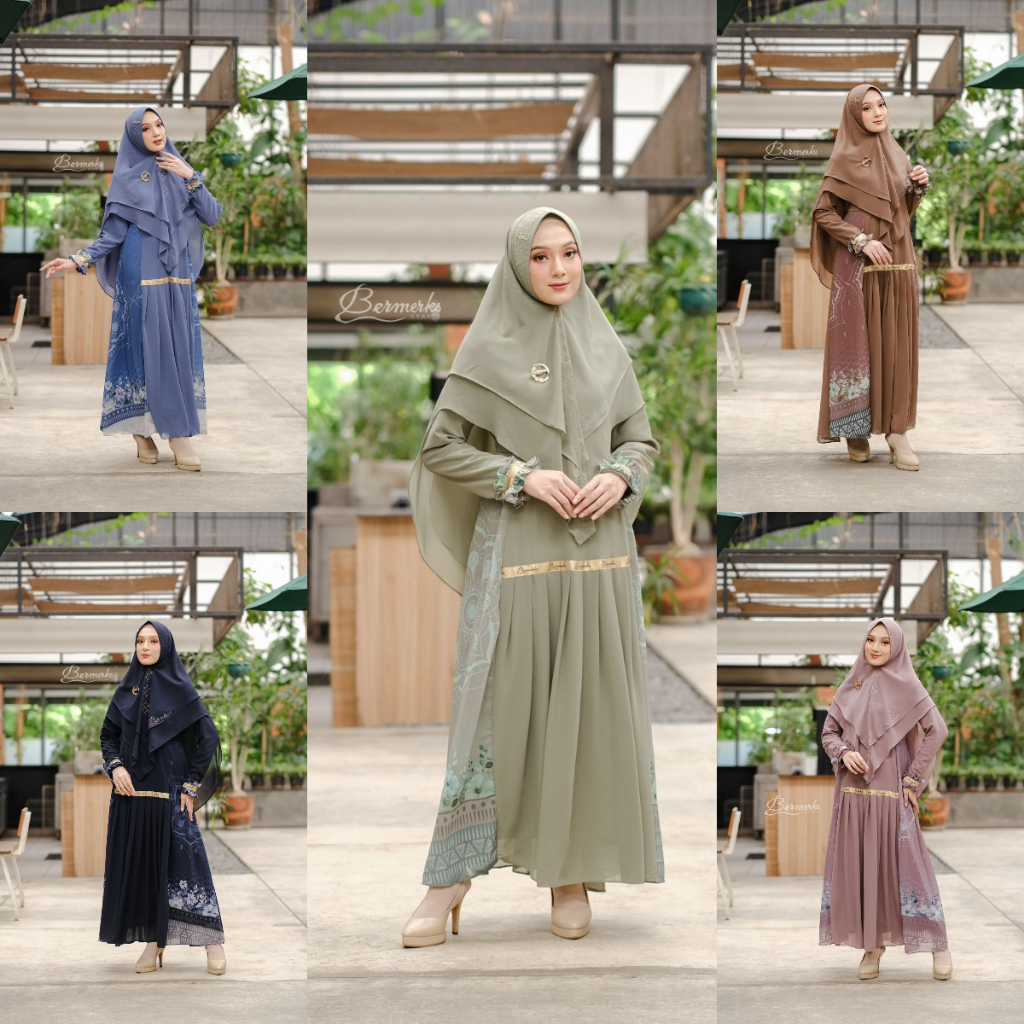 Gamis ceruty babydoll set Khimar Kanaya bermerks Zemima Alesa Permata motif printing Salur Berlian hijab syari Seruti ultimate grosir