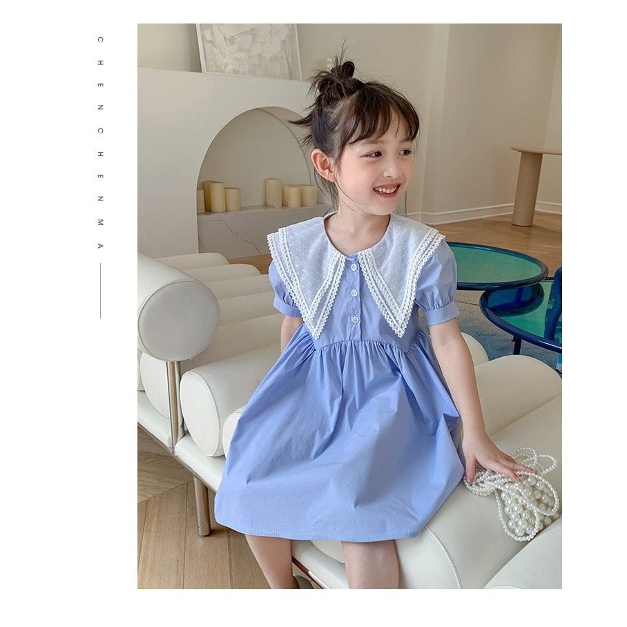 Dress Anak Perempuan Biru Polos Kancing Atas