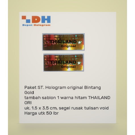 

Pkt ST.Hologram Original Bintang Gold 1.5 x 3.5 cm + sbl 1 warna Thailand Ori (50 lbr)