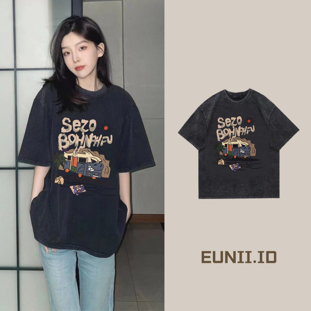 EUNII T-shirt Lengan Pendek Black Washed SEZO Desert Car Printing Korean Style/Kaos Atasan Wanita/Baju Wanita/Kaos Wanita