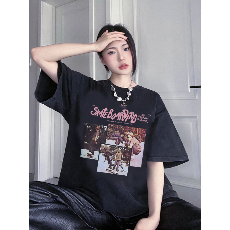 EUNII T-shirt Lengan Pendek Black Washed Vintage Pink Hiphop CD Printing Korean Style/Kaos Atasan Wanita/Baju Wanita/Kaos Wanita