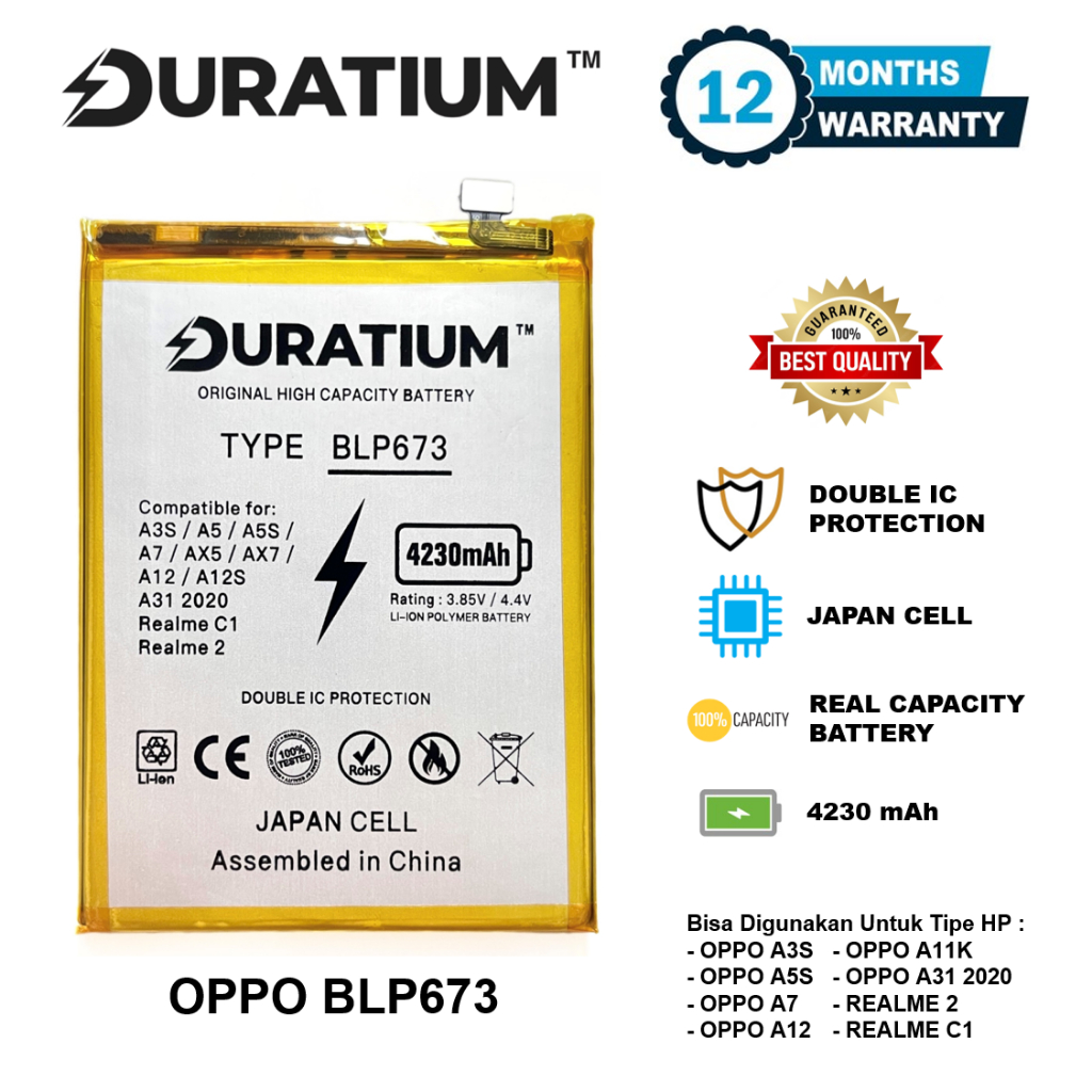 Baterai Duratium Oppo A3S A5S A7 A12 A11K A31 2020 Realme 2 Realme C1 BLP673 Original Batre Batere Baterei Battery HP Garansi Resmi