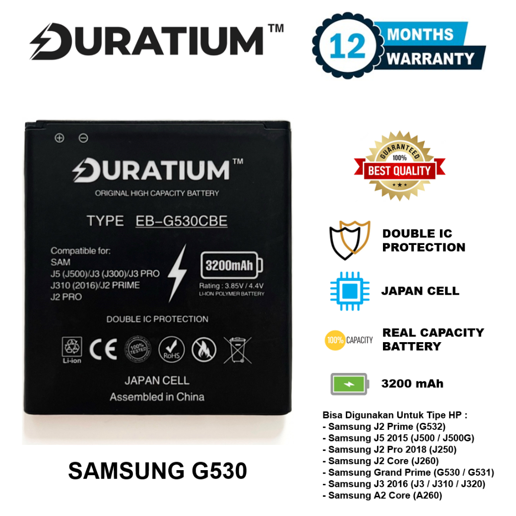 Baterai Duratium Samsung Galaxy J2 Prime G532 - J5 2015 J500 J500G - J2 Pro 2018 J250 - J2 Core J260 - Grand Prime G530 G531 - J3 2016 J3 J310 J320 - A2 Core A260 EB-BG530CBE Original Batre Batrai HP Garansi Resmi