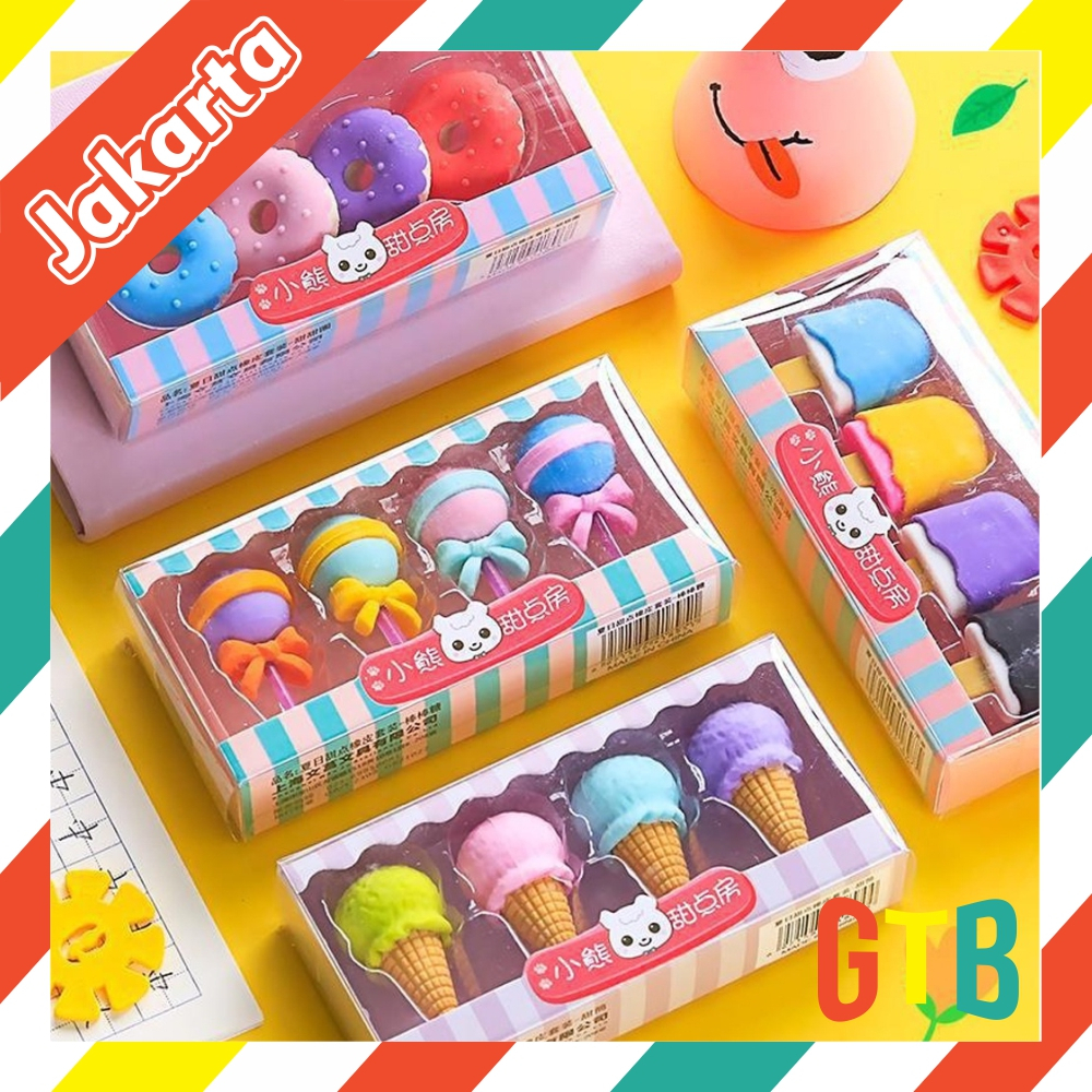 ❤️GTB❤️ 4 IN 1 PENGHAPUS PENSIL MODEL ICE CREAM DONAT LOLLIPOP POPSICLE / PENGHAPUS LUCU SET S075