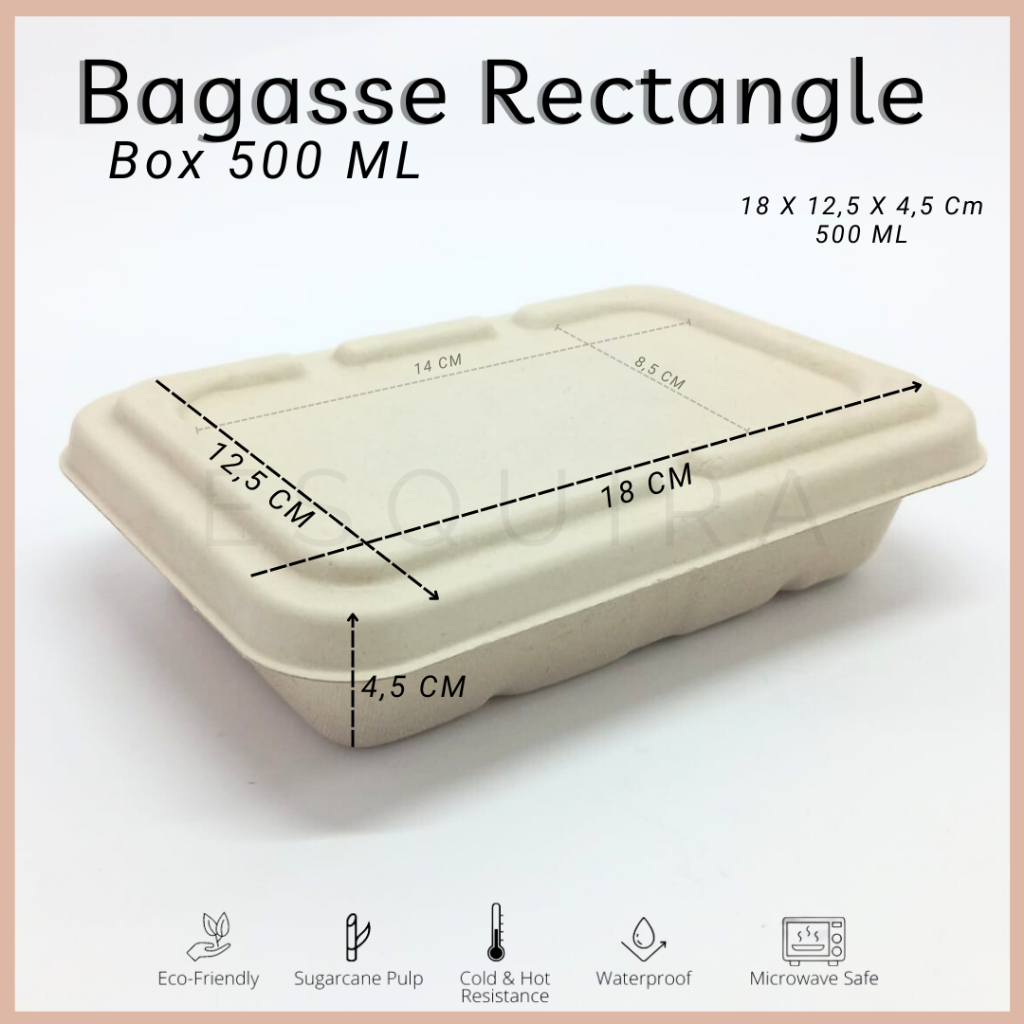 Bagasse Rectangle / Lunch Box 500 ML/Pulp Lid /Mika Lid /10 PCS/ C500,C500X