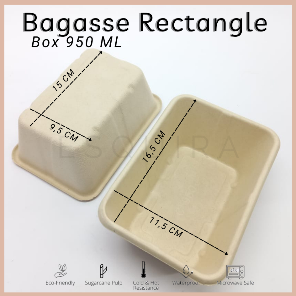 Bagasse Rectangle/Lunch Box 950 ML/10 PCS /Pulp Lid /Mika Lid / C950