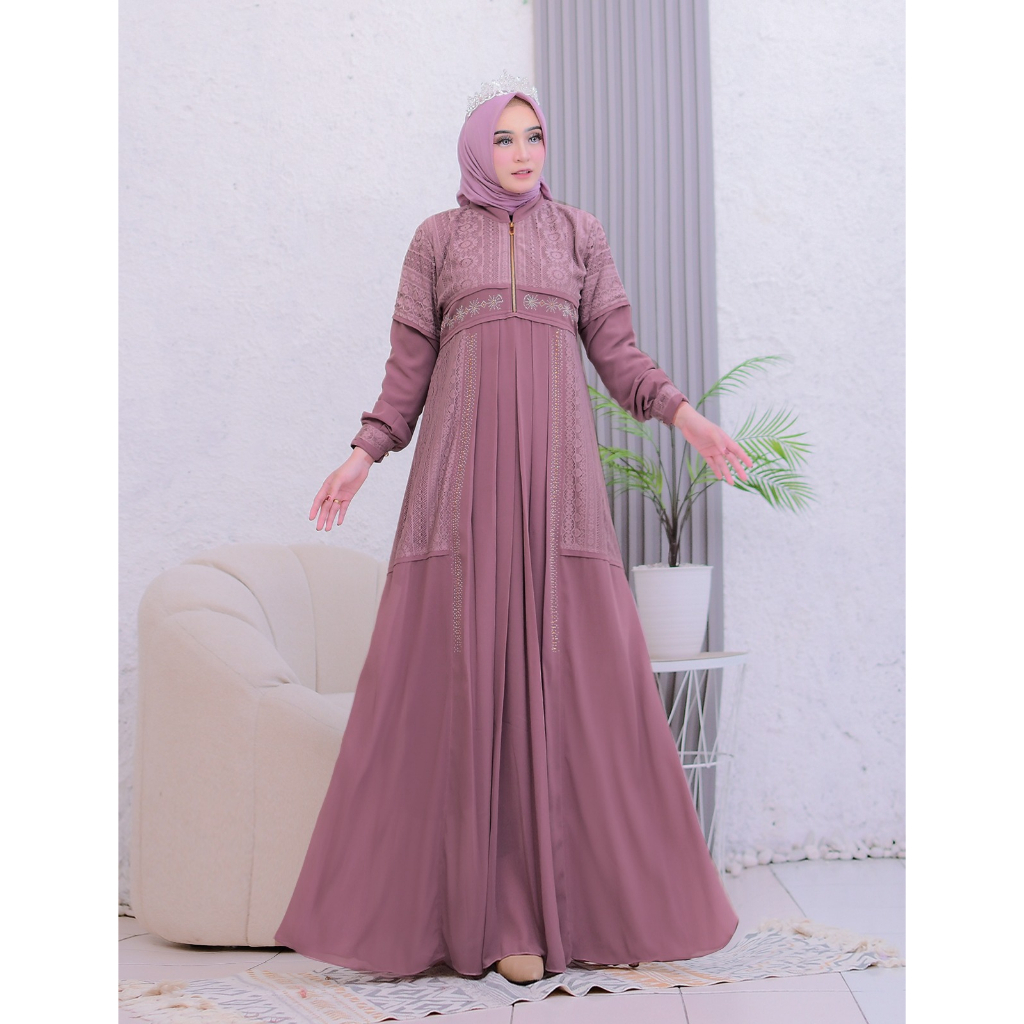 Gamis Seruti Babydoll Brukat (Malika) (ungu / lilac)
