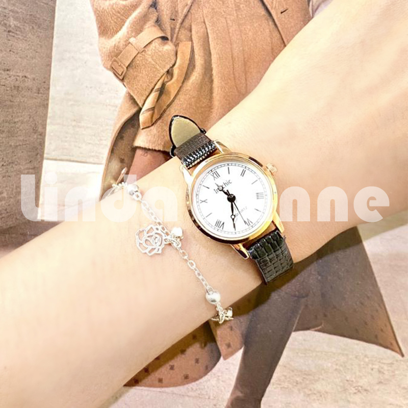 Jam Tangan Wanita Kecil  Angka Romawi Strap PU Retro Style Dial Bulat Fashion Import