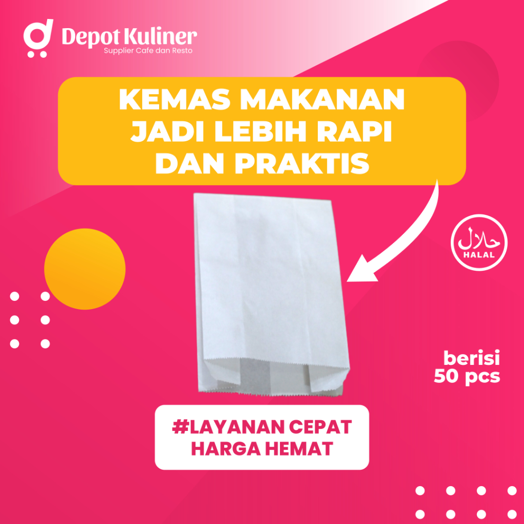 Paper Bag Putih 15 x 11 cm isi 50 pcs Kantong Makanan Food Grade untuk Kentang Goreng, Ayam Goreng, Roti dan Snack