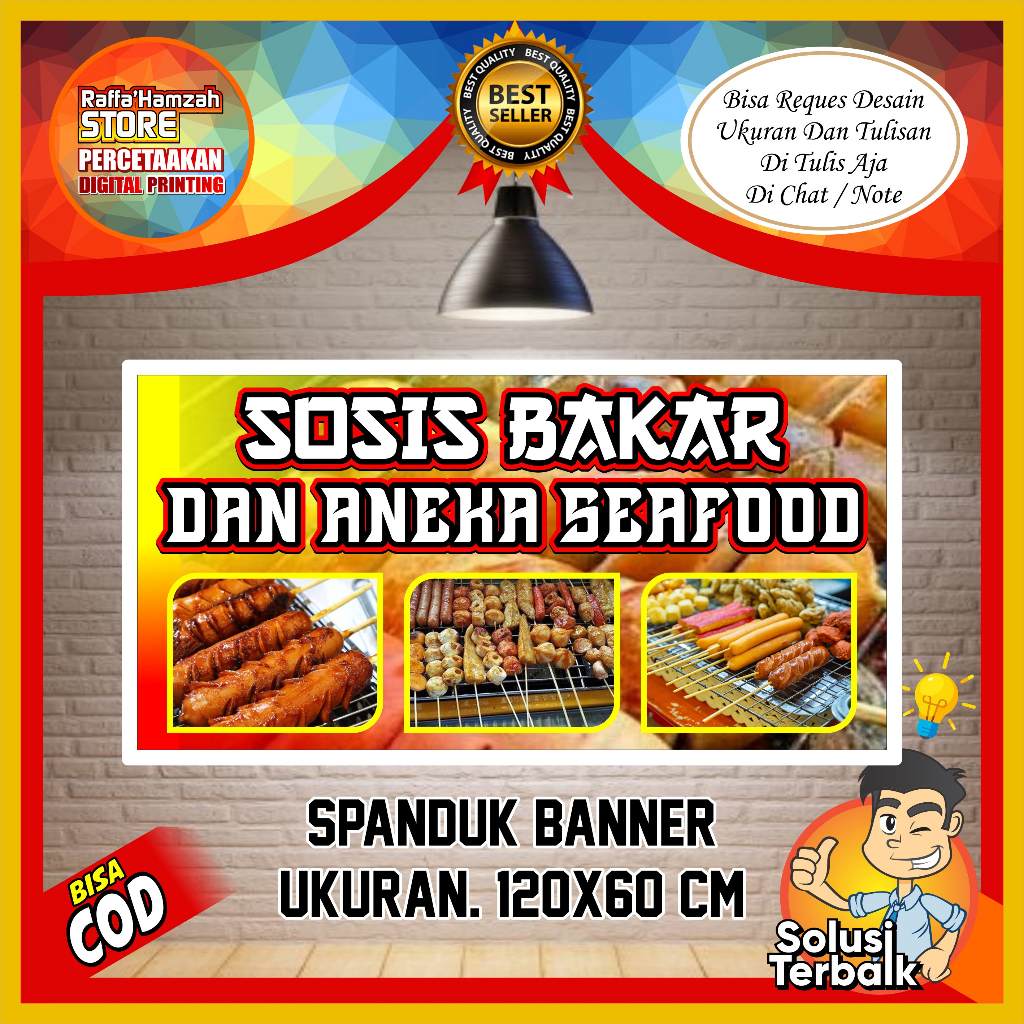 Banner Sosis Bakar Aneka Sate Seafood, Spanduk Sosis Bakar Aneka Sate Seafood, 120x60 cm, ( Bisa Bay