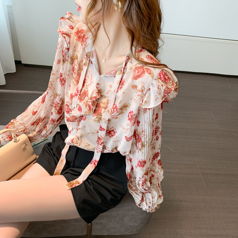 Top Blouse Kemeja Loose Perempuan Chiffon Pleated Balloon Sleeve