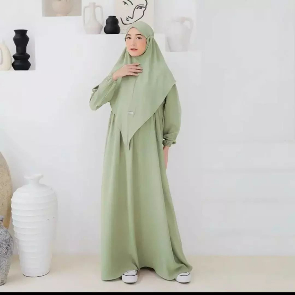 Gamis Maryam syari + Krudung / Dress Polos  Size L &amp; XL Pakaian wanita muslim / gamis cringkle busui / Baju muslim wanita 2023