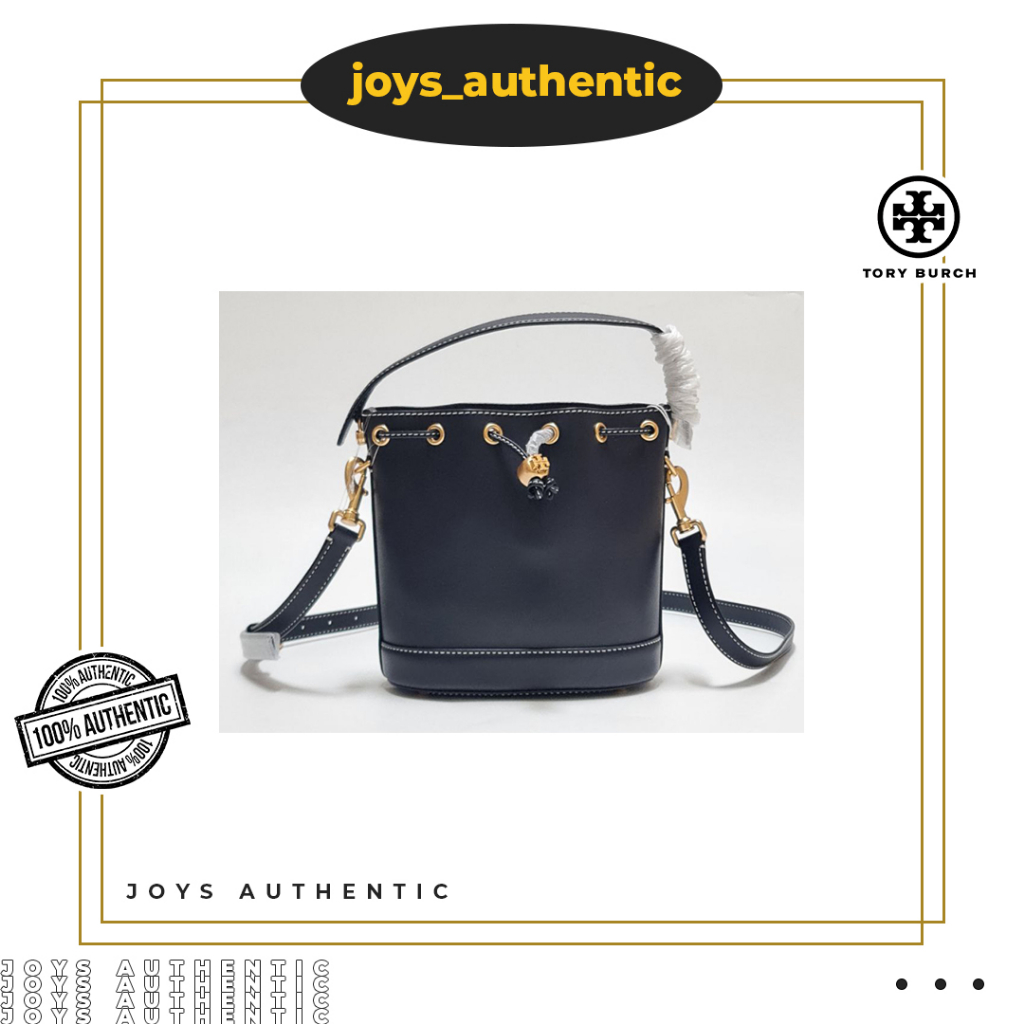 Tas Wanita Tory Burch TB T Monogram Leather Bucket Hitam Midnight Woman Bag Authentic Original