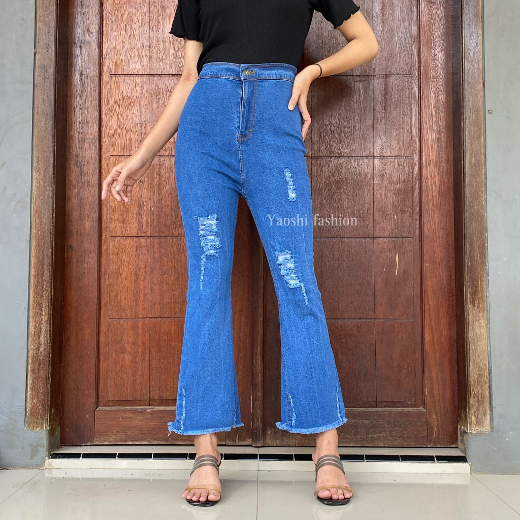 YAOSHI - CELANA JEANS PANJANG WANITA - JEANS CUTBRAY RIPPET  HIGH WAIST CUTBRAY RAWIS VIRAL KEKINIAN 2023