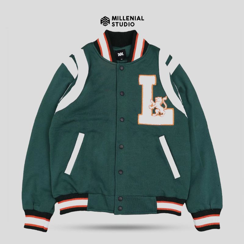 VARSITY JACKET FLEECE INITIAL L GREEN BORDIR TOWEL ORIGINAL | JAKET VARSITY FLEECE PRIA WANITA