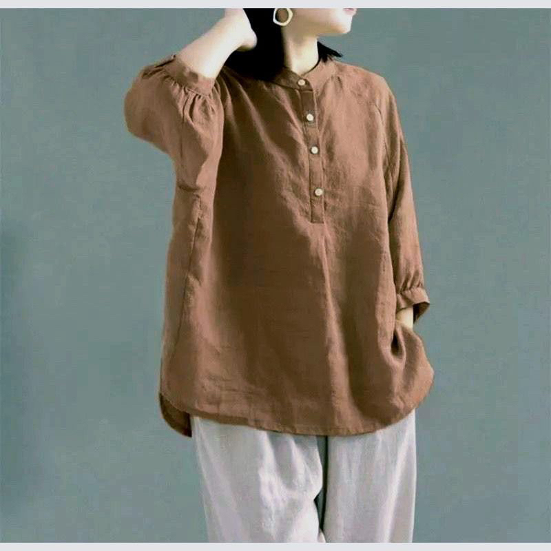 Kemeja Polos Linen Ceria Blouse Atasan Wanita Kerah Shanghai Lengan 3/4 Kancing Hidup