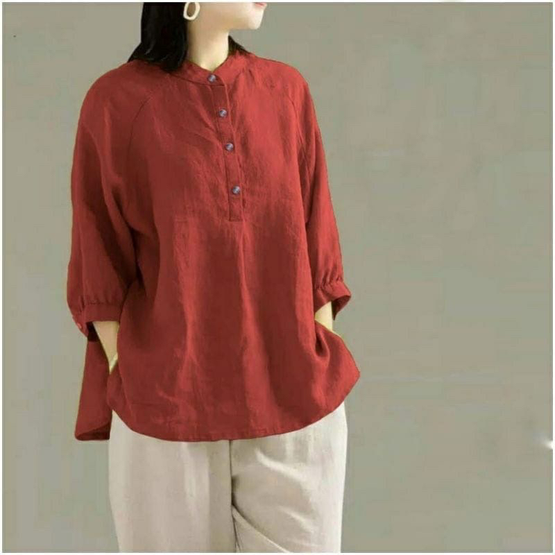 Kemeja Polos Linen Ceria Blouse Atasan Wanita Kerah Shanghai Lengan 3/4 Kancing Hidup