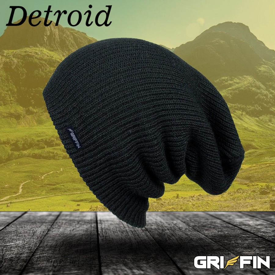 Topi Kupluk Rajut Dewasa Detroid Beanie Hat Pria Gunung Tebal Hangat - Hitam