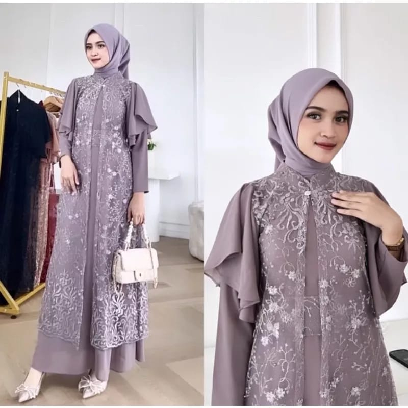 Viona Dress Terbaru One Set Dress Inner Premium Free Belt Gamis Cardi Tile Kekinian Dress Kondangan Gamis Maxi Plus Outer Brukat Tile Mutiara