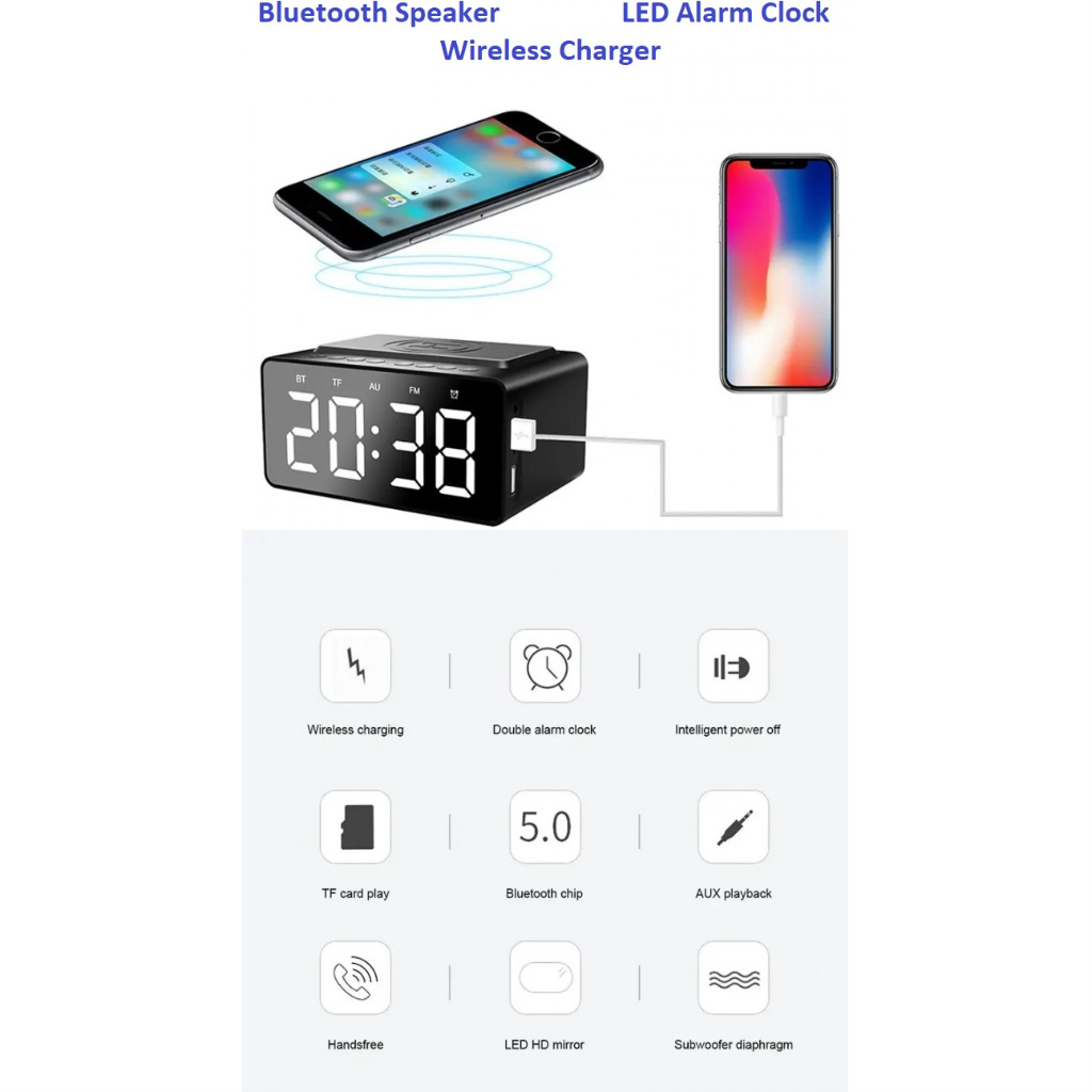 AEC BT508 Bluetooth Speaker LED Alarm Clock with Wireless Charger
