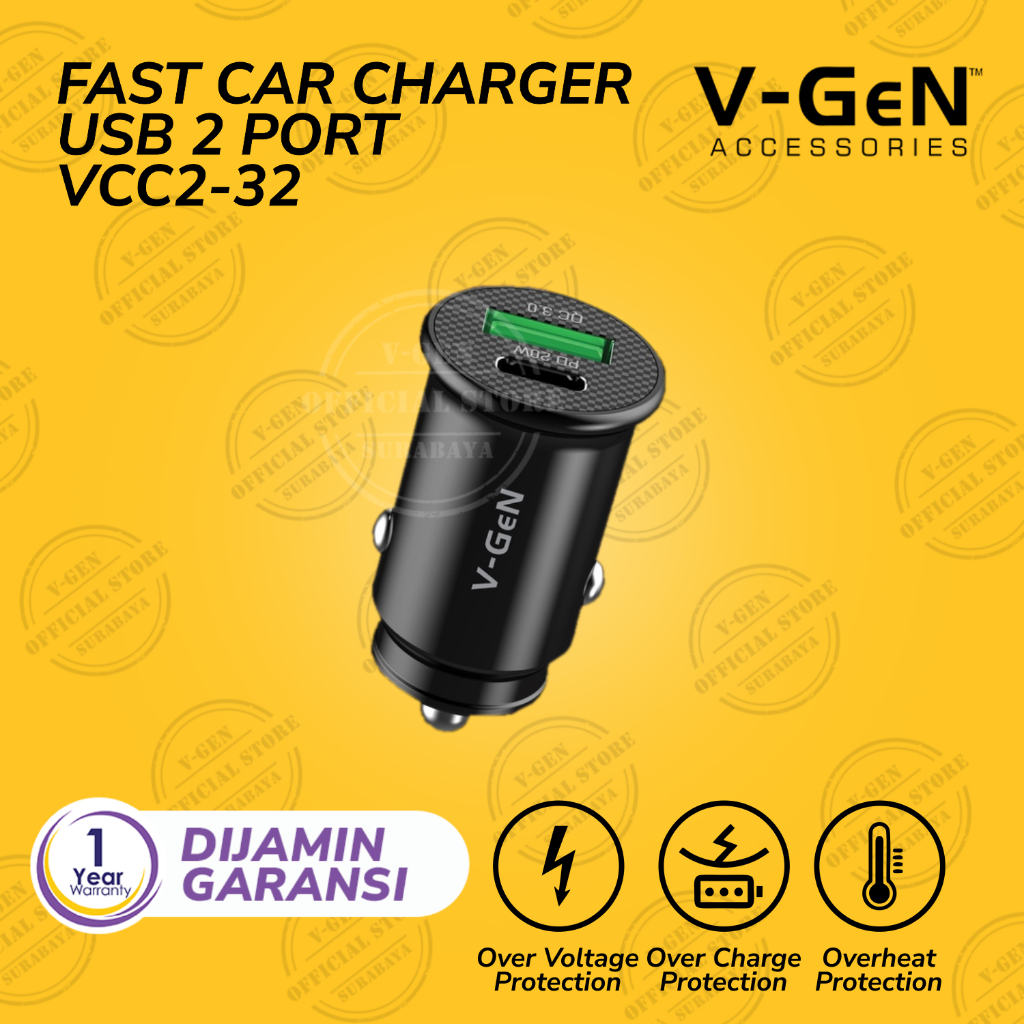 Car Charger V-GeN VCC2-32 Dual Fast Charging QC 3.0 PD 20W USB Type C