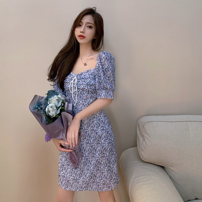 DF DR392 Korean Flowers Bodycon Mini Dress Wanita Bahu Terbuka Dress Sabrina