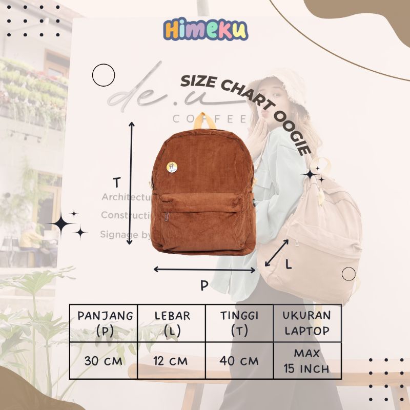 Himeku OOGIE PIN Backpack Corduroy Tas Ransel Tas Sekolah Tas Gendong