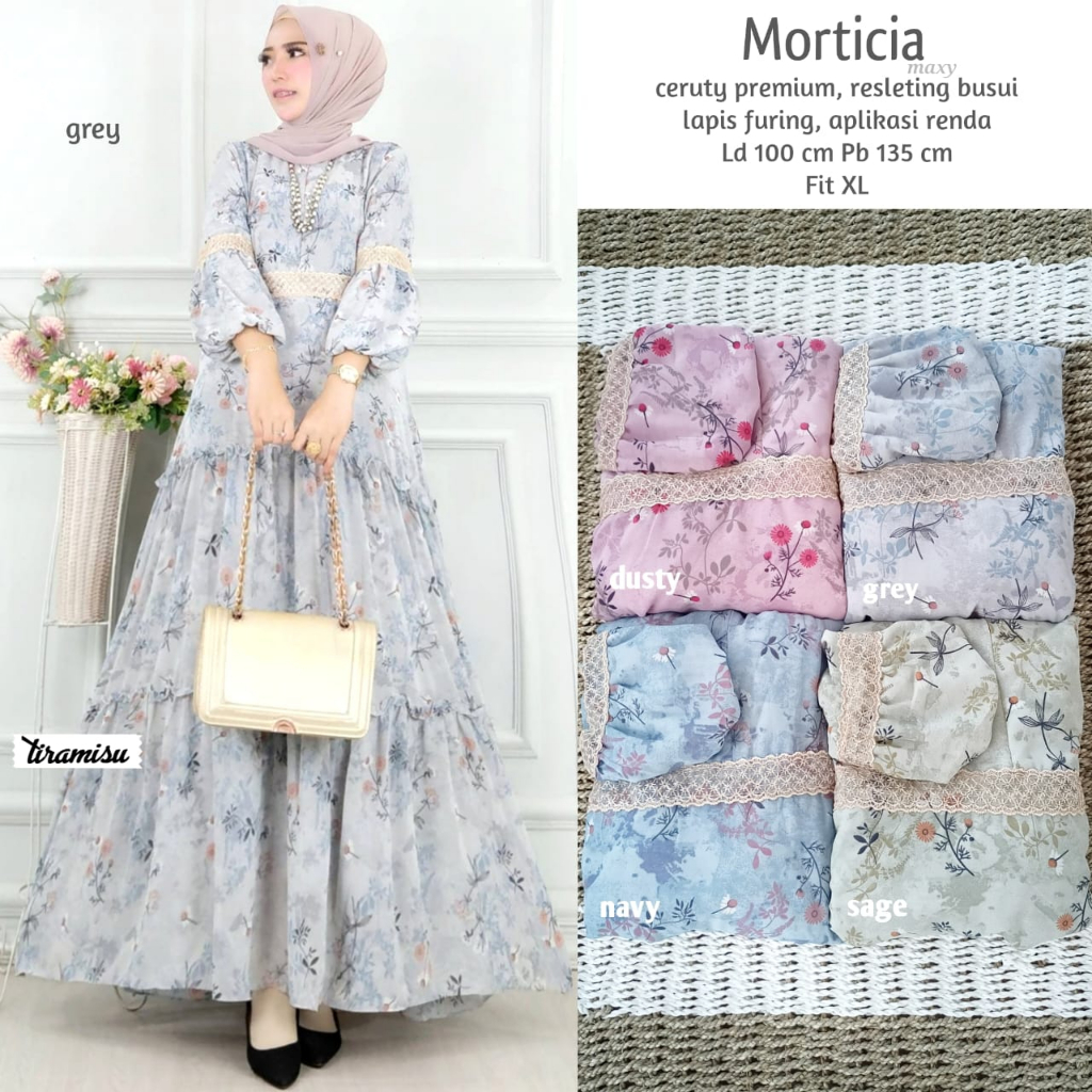 MORITICIA DRESS / 27.5 / BAHAN CERUTY LAPIS FURING / LD 100 CM / PB 135 CM / ALLSIZE FIT TO XL / TIRAMISU