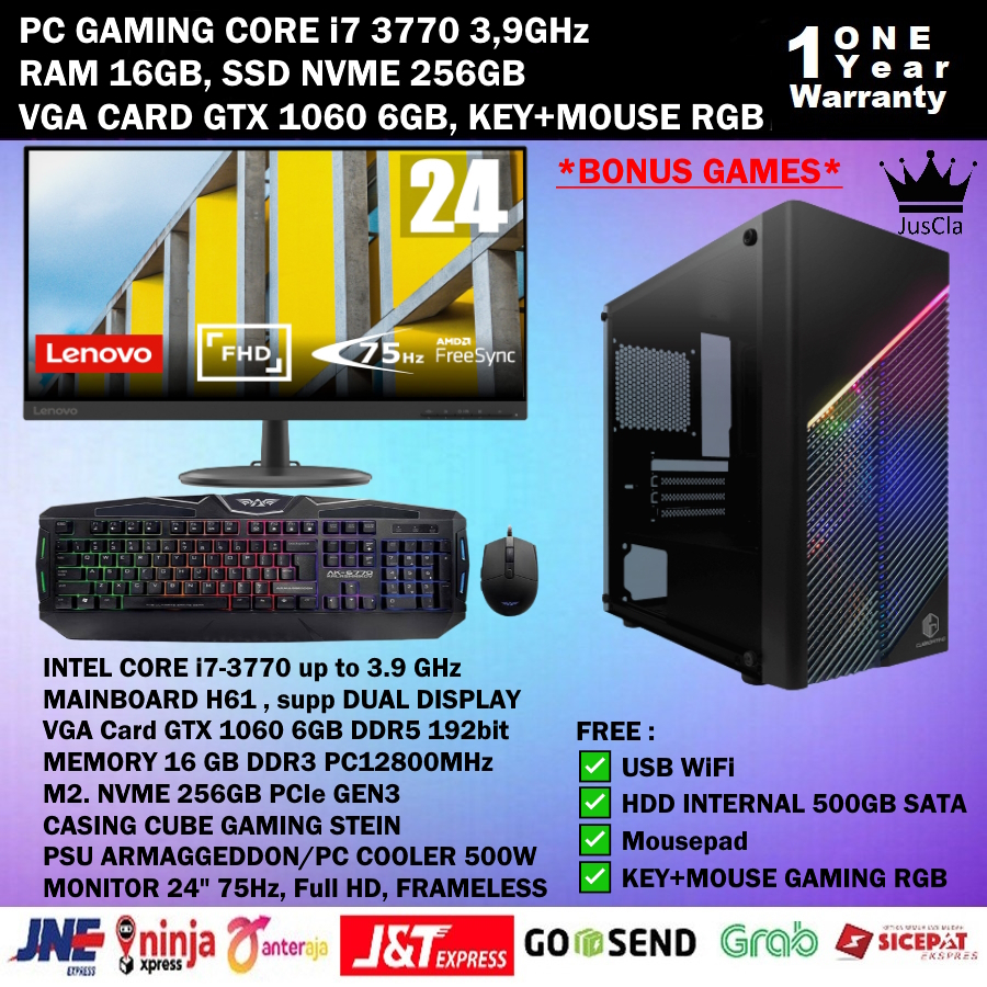 MONITOR 24&quot; + PC GAMING CORE i7 3770 3,9GHz|DDR3 16GB|VGA GTX 1060 6GB|SSD 256 GB NVME|HDD 500GB|KEY+MOUSE GAMING|WIFI