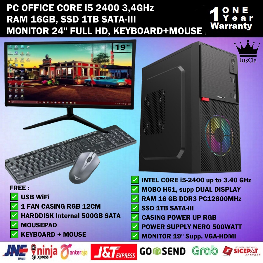 PC OFFICE FULLSET INTEL CORE i5-2400 3,4GHz|RAM 16GB|SSD 1TB|HDD 500GB|KEYBOARD+MOUSE USB|USB WIFI