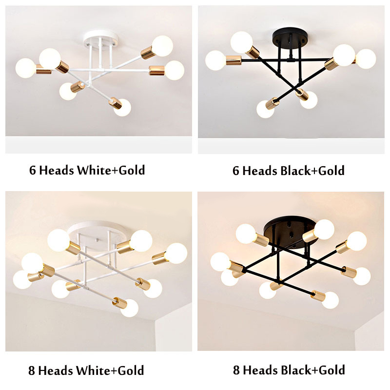 Lampu Plafon 6 / 8 Led E27 Lampu Gantung Ruang Tamu Modern Minimalist Ceiling Light Warna Golden Black (Bohlam tidak termasuk) Sesuai Gambar Material Besi Socket BR