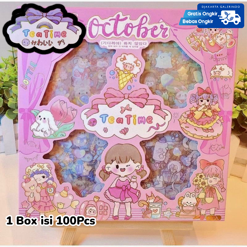 Sticker ANNE MOMO MASU TEA TIME ALICE GLITTER Rainbow Mix Warna Original waterproof Stiker Kartun Korea Anti Air Original isi 100pcs