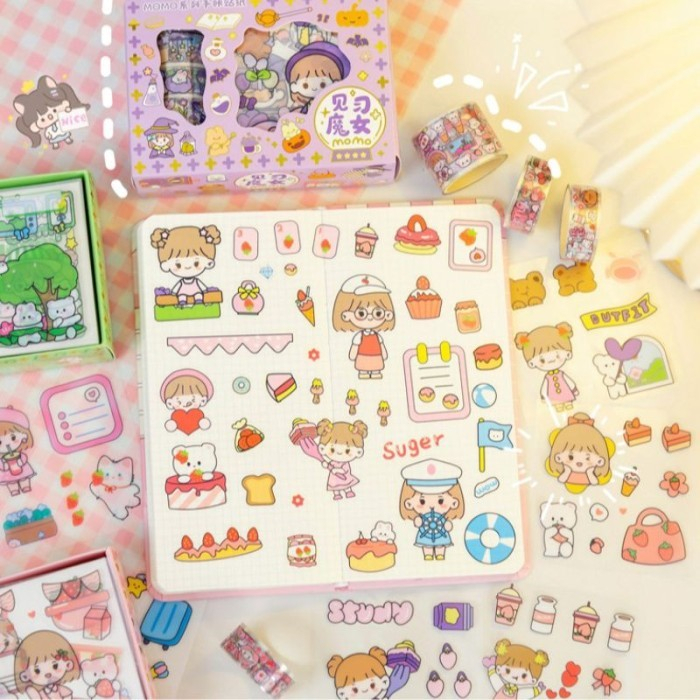 Sticker Roll Set Box Karakter Lucu Set 2d Waterproof Stiker Momo Cute - Kenji Shop