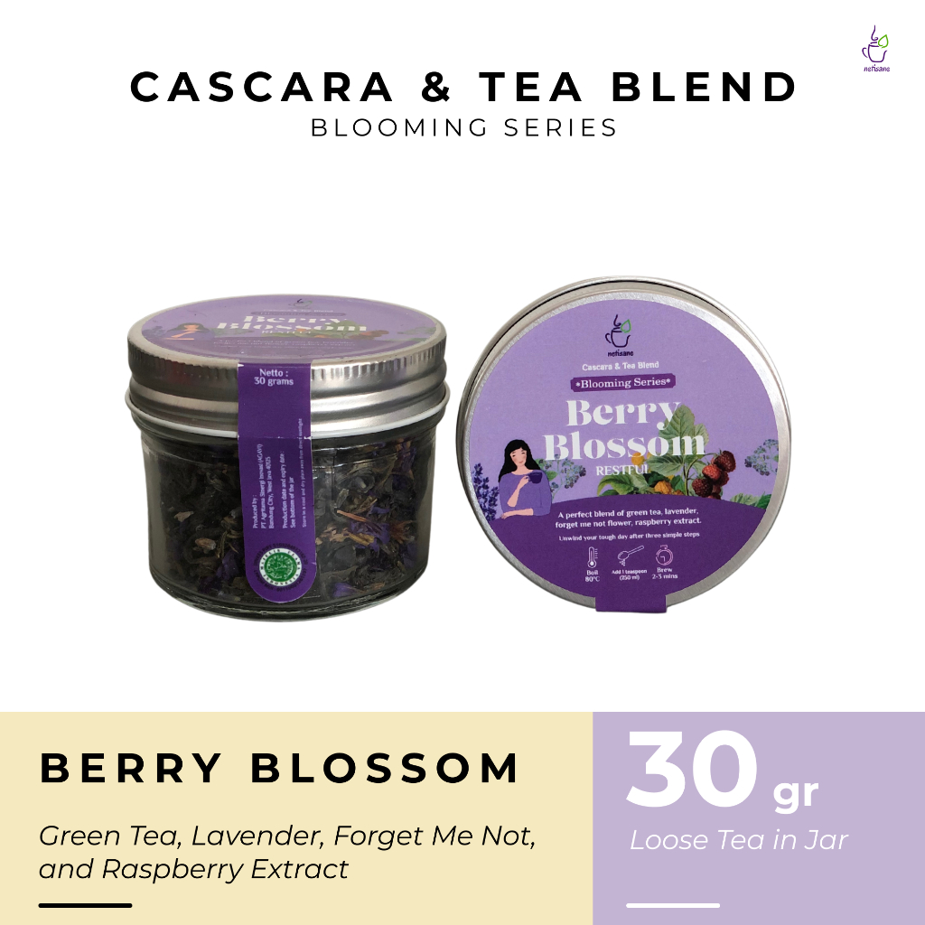 

Netisane Berry Blossom (Green Tea, Lavender, Forget Me Not Flower, dan Raspberry Extract) | Netisane Cascara Blend Blooming Series | Artisan Tea / Teh Herbal | (Loose tea in jar)