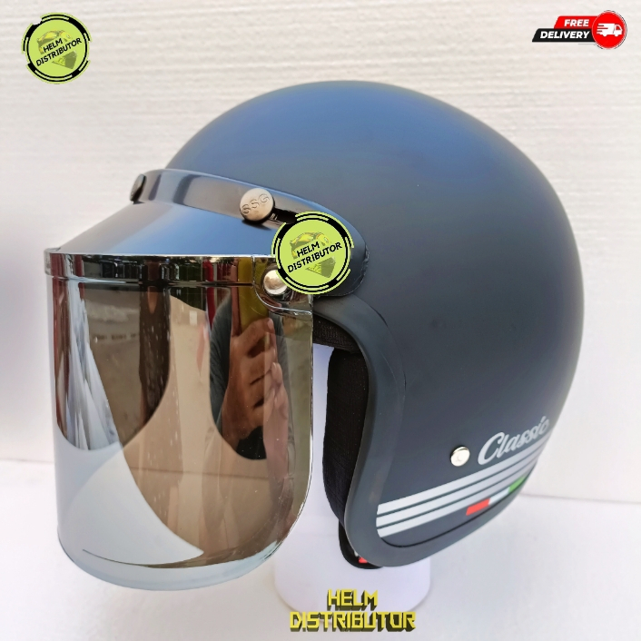 HELM BOGO CLASSIC KACA DATAR HITAM,KACA DATAR BENING,KACA CEMBUNG HITAM UNTUK DEWASA COD
