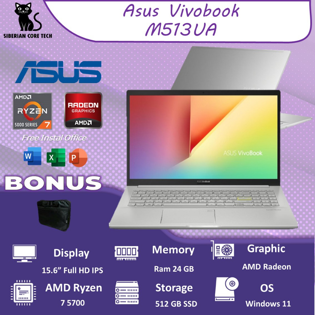 ASUS VIVOBOOK M513UA RYZEN 7 5700 16GB 512SSD VEGA8 W11PRE 15.6 FHD IPS