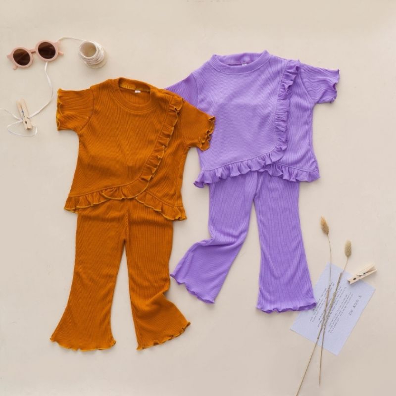 Baju Oneset Anak Perempuan MALIKA Ruffle Set Knit Rib Usia 1-5 Tahun