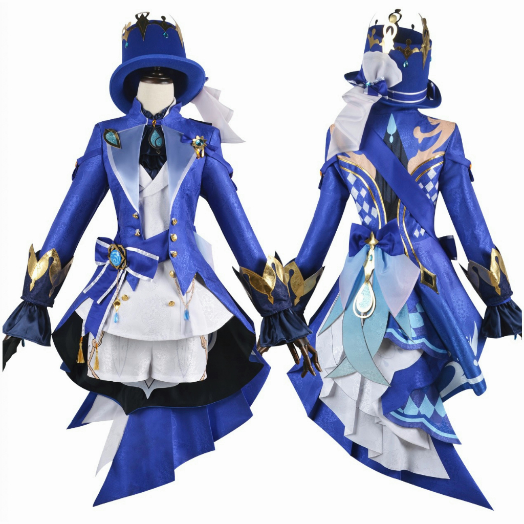 Game Genshin Impact Focalors Cosplay Costume Fontaine God of Justice Blue Pants Uniform Vision Hat Hydro Full Set for Women