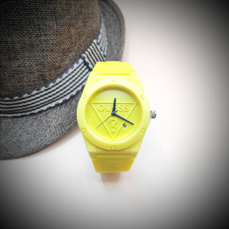 jam tangan wanita Mewah GUESS Tali Rubber Yellow Date aktif Bestie Analog